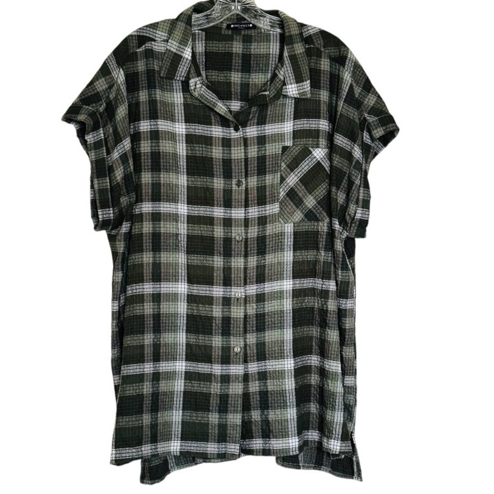 Architect 3XL Green Seersucker Plaid Button Front Shirt Lightweight Camp Shirt